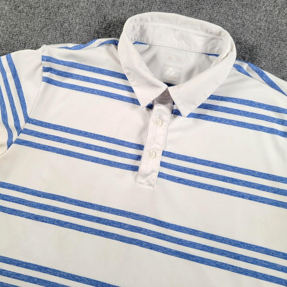 Adidas Polo Shirt Mens Large White Blue Stripe Puremotion Golf Athletic BB2544